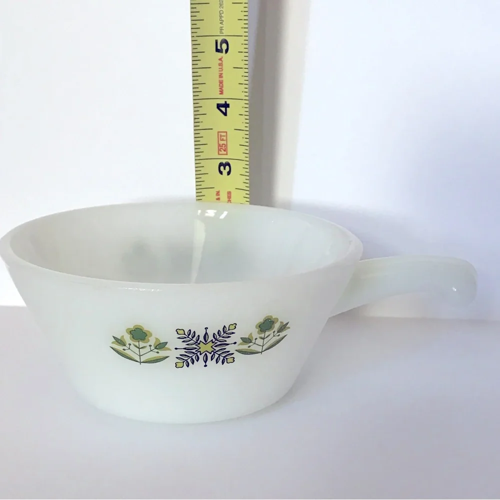 Anchor Hocking Fire King Milk Glass Meadow Green Bar Handle Soup Bowl 70s